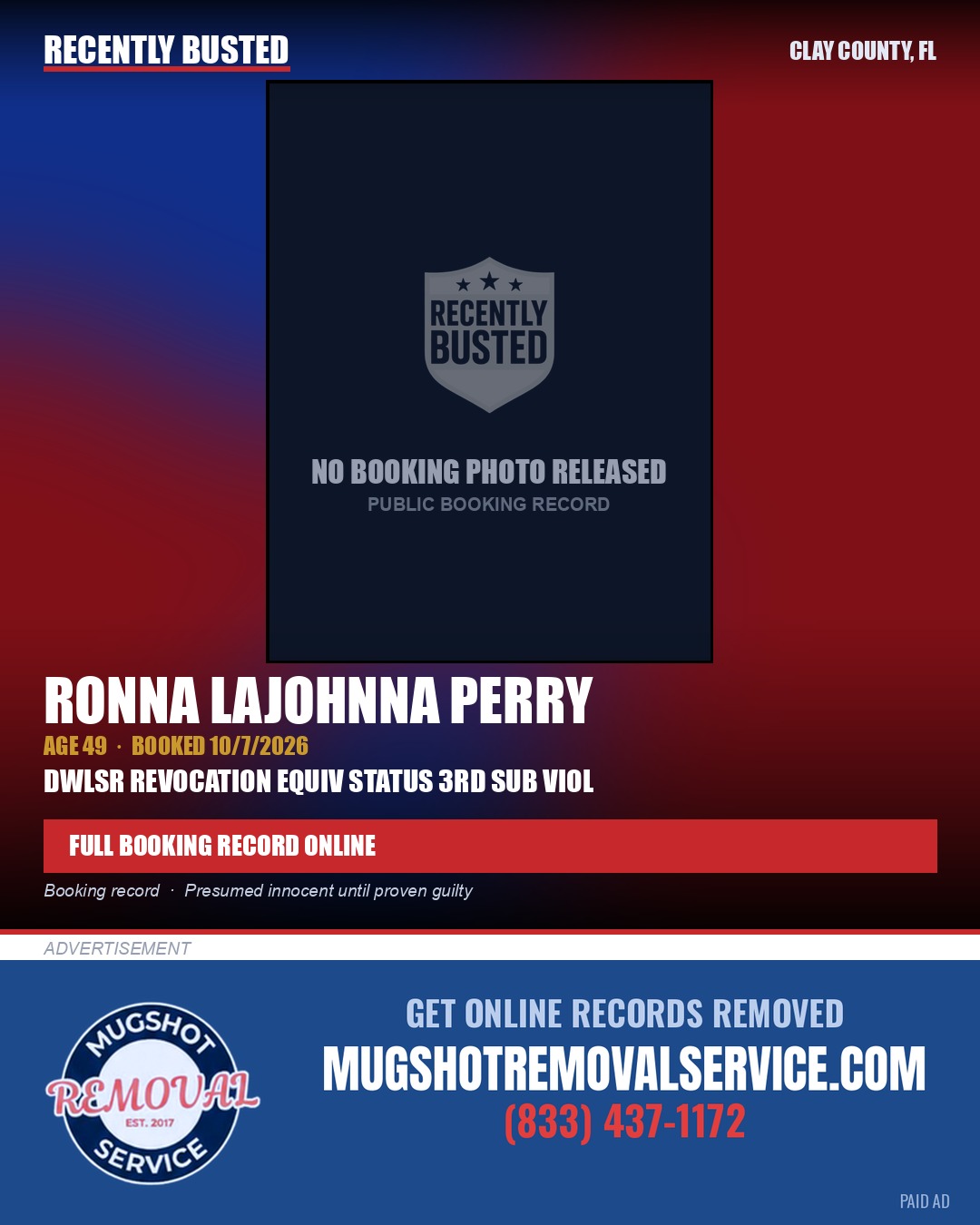 RONNA LAJOHNNA PERRY — arrest record card, Clay County, Florida