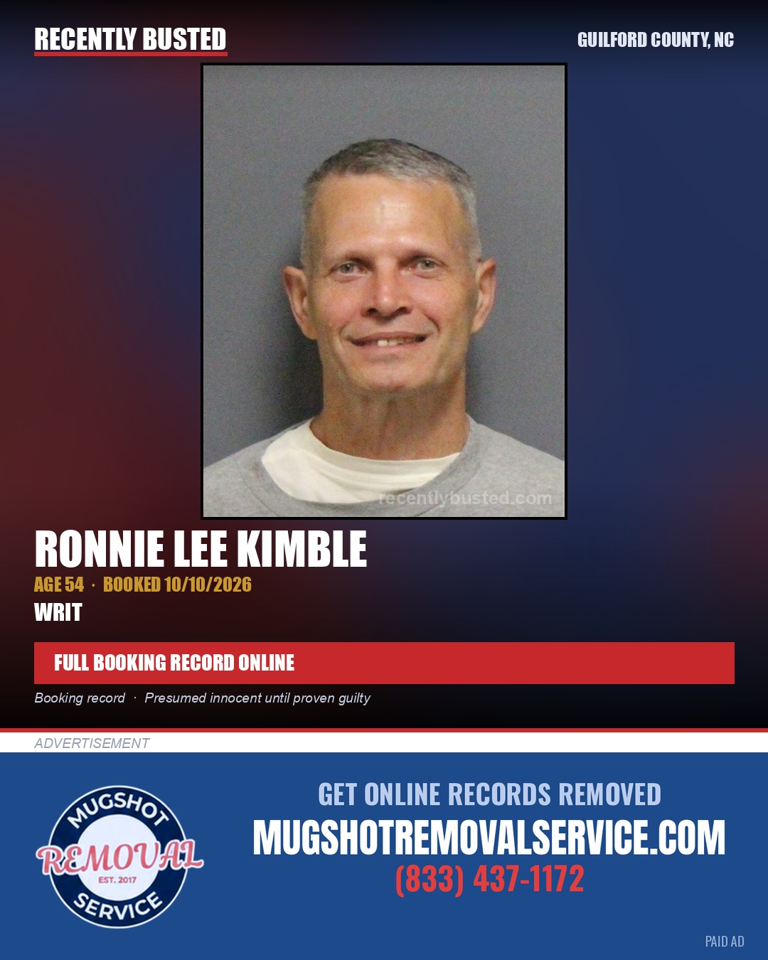 RONNIE LEE KIMBLE — arrest record card, Guilford County, North Carolina