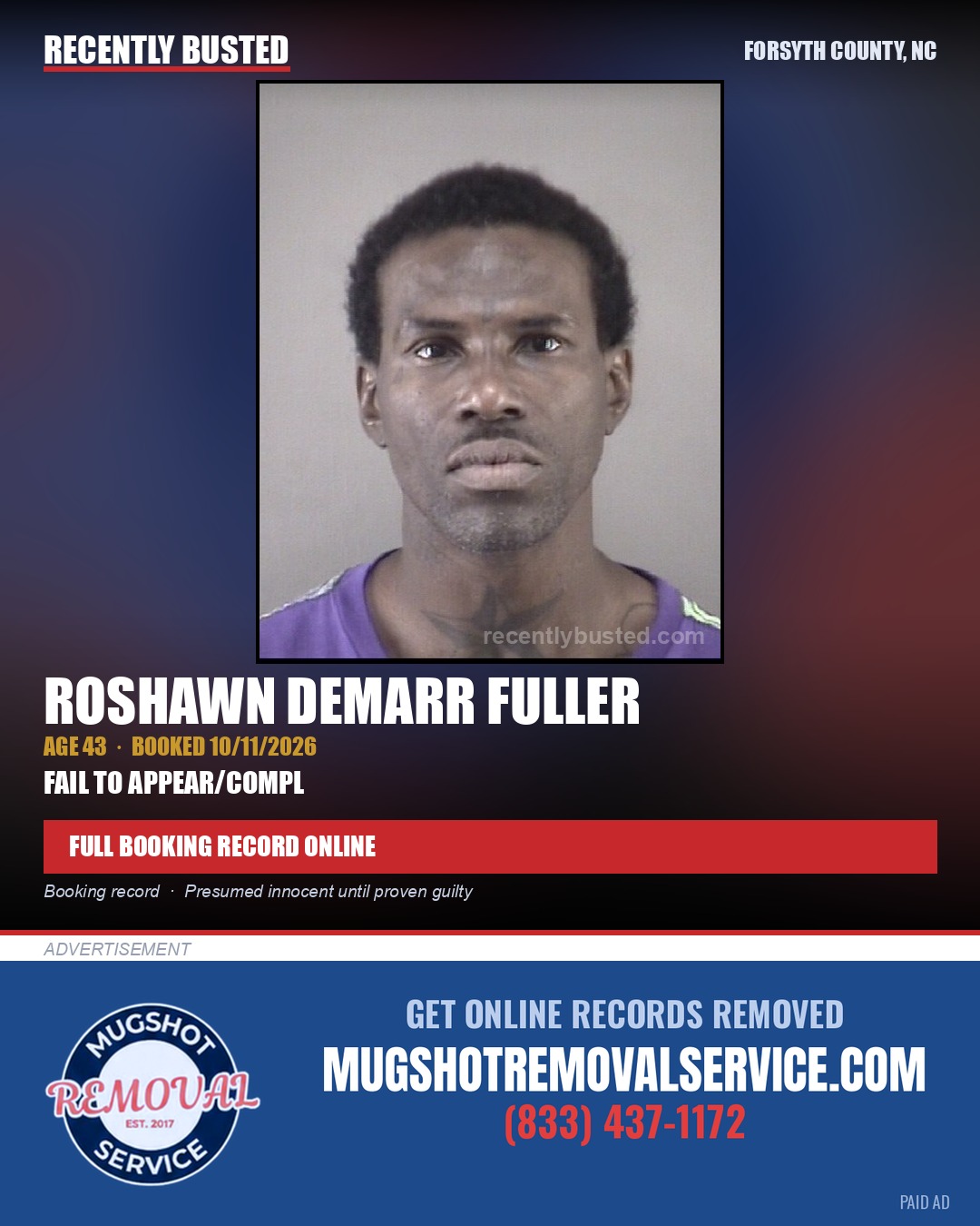 ROSHAWN DEMARR FULLER — arrest record card, Forsyth County, North Carolina
