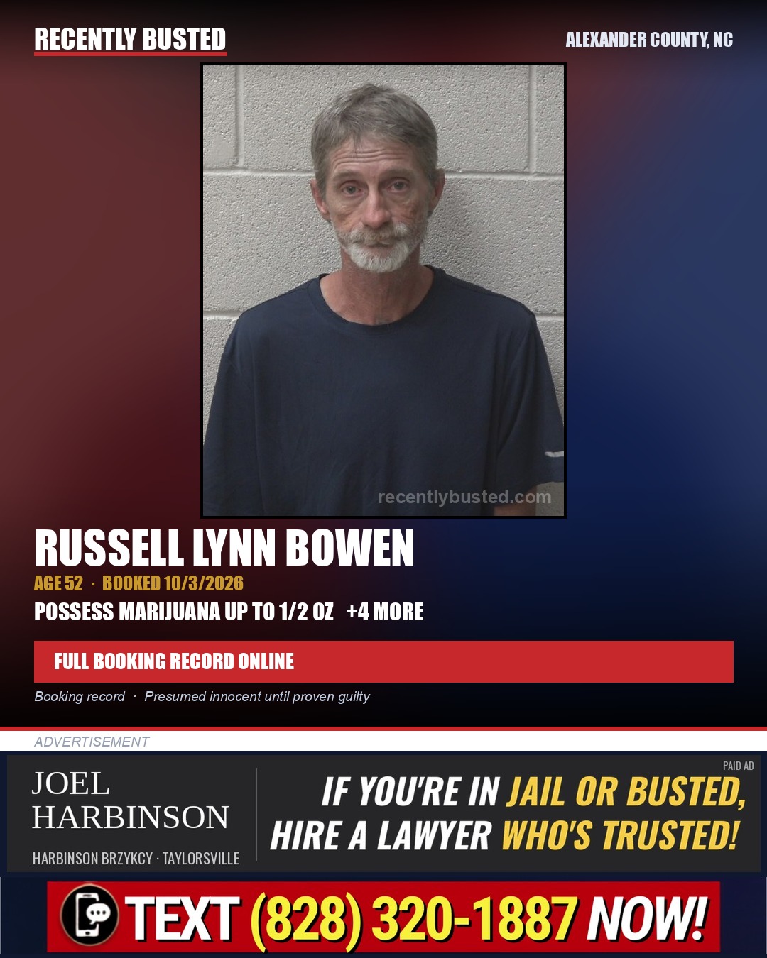 RUSSELL LYNN BOWEN — arrest record card, Alexander County, North Carolina
