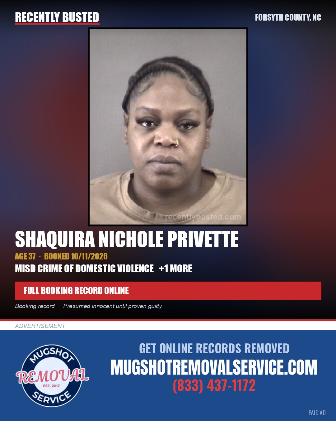 SHAQUIRA NICHOLE PRIVETTE — arrest record card, Forsyth County, North Carolina