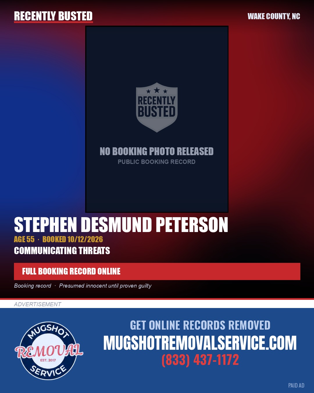 STEPHEN DESMUND PETERSON — arrest record card, Wake County, North Carolina