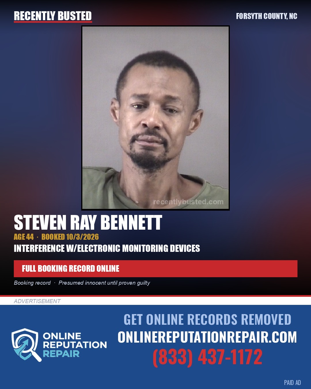 STEVEN RAY BENNETT — arrest record card, Forsyth County, North Carolina