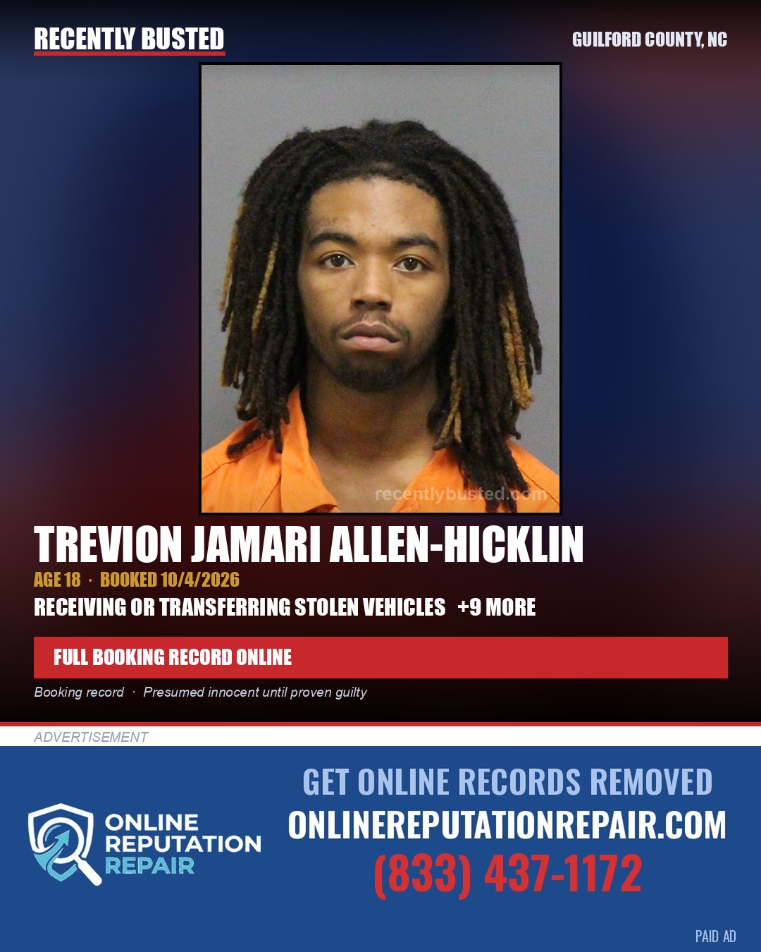 TREVION JAMARI ALLEN-HICKLIN — arrest record card, Guilford County, North Carolina