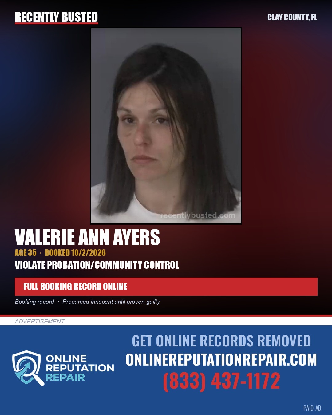 VALERIE ANN AYERS — arrest record card, Clay County, Florida