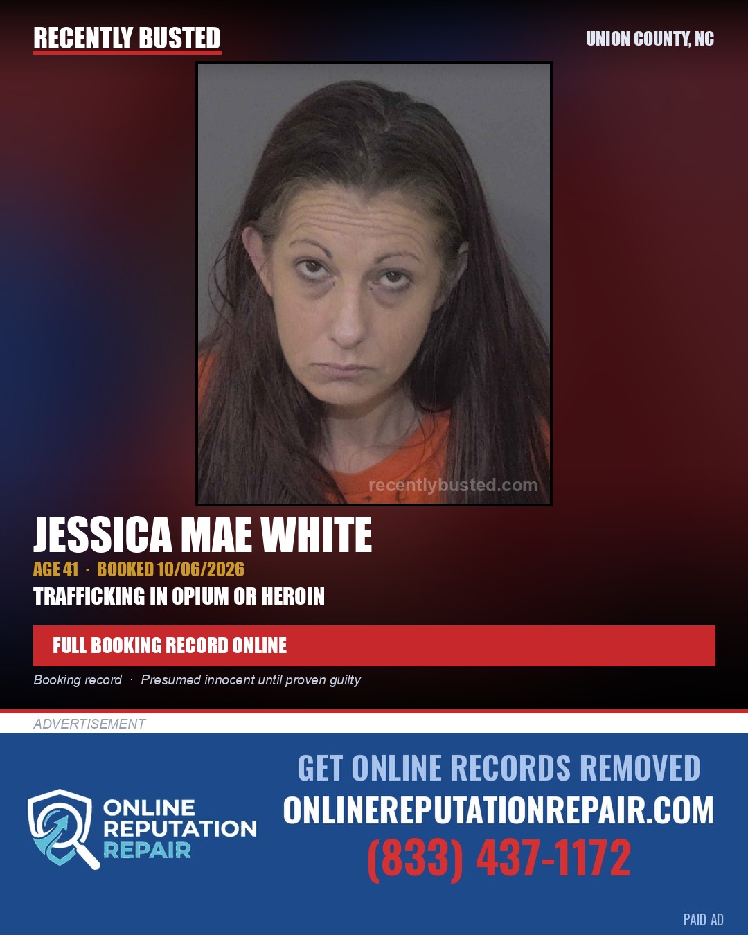 WHITE, JESSICA MAE — arrest record card, Union County, North Carolina