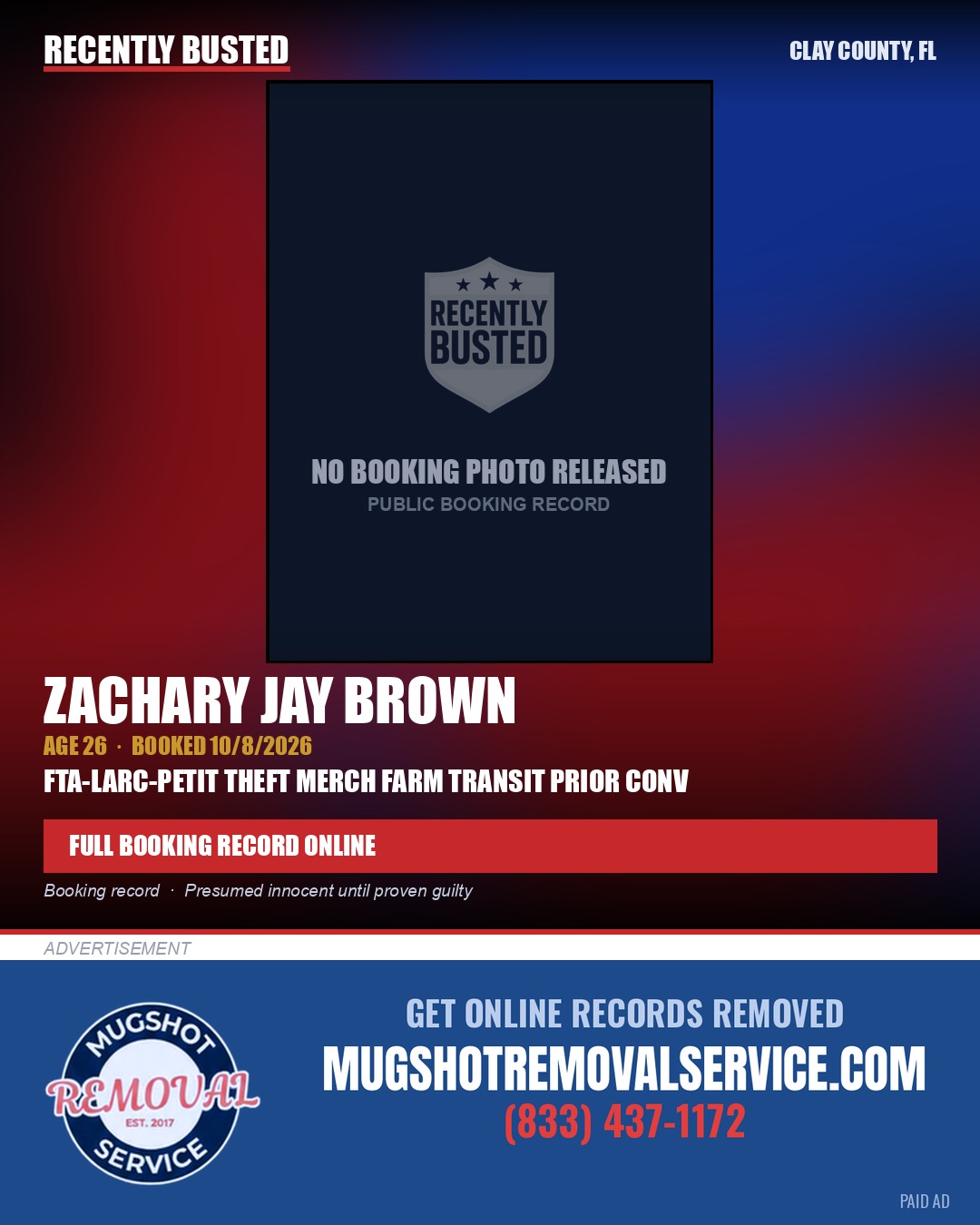 ZACHARY JAY BROWN — arrest record card, Clay County, Florida