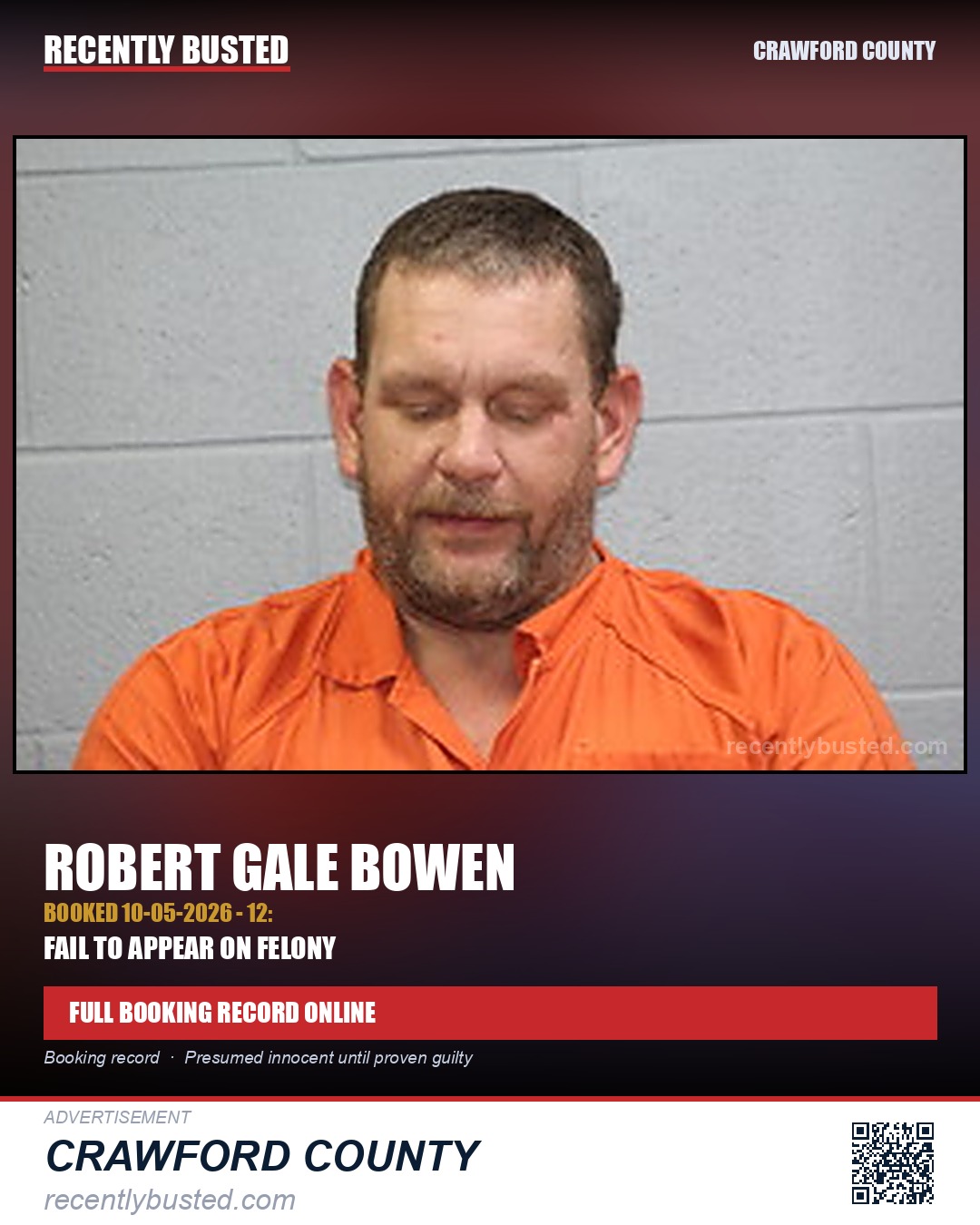 Bowen, Robert Gale — arrest record card, Crawford County