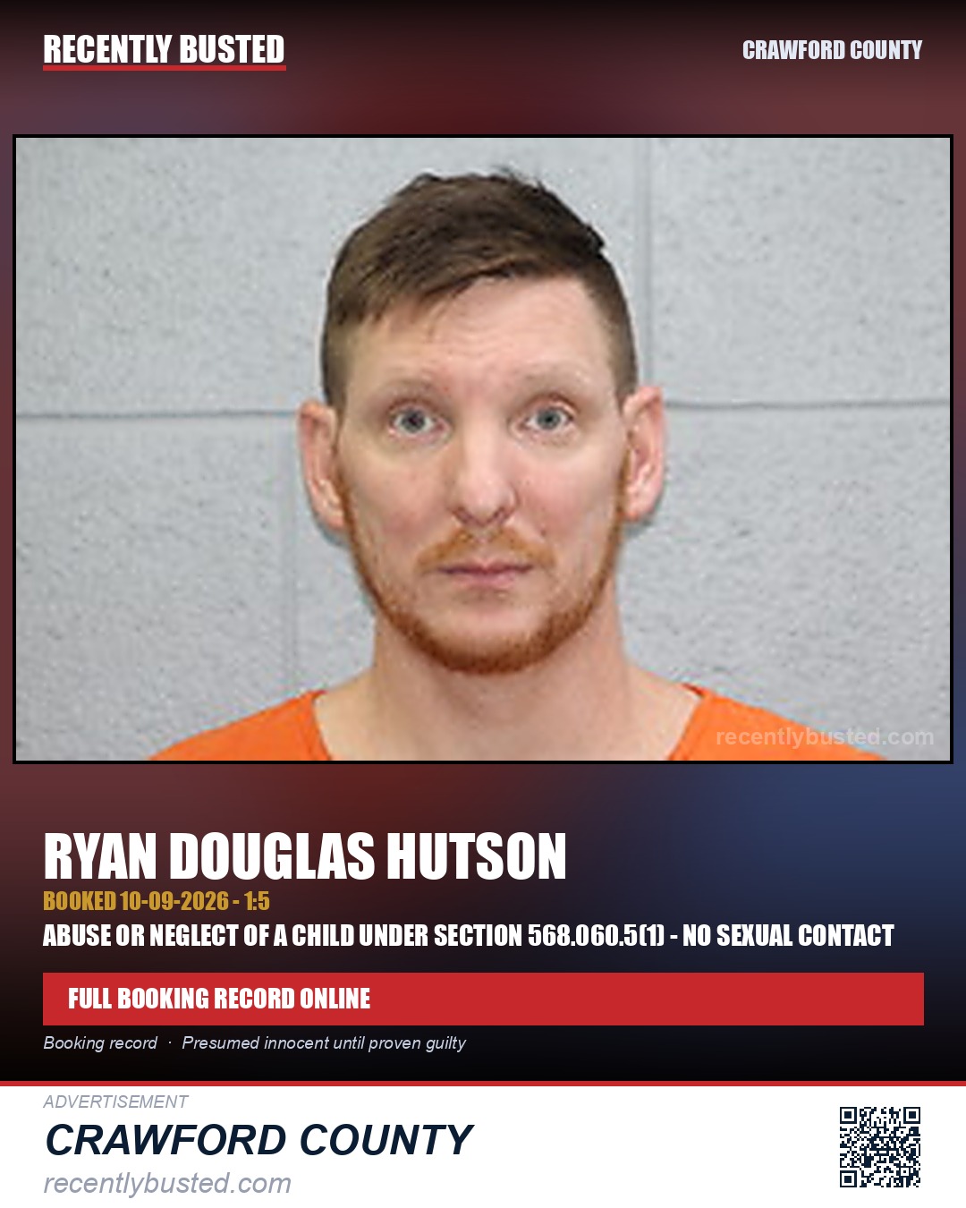 Hutson, Ryan Douglas — arrest record card, Crawford County