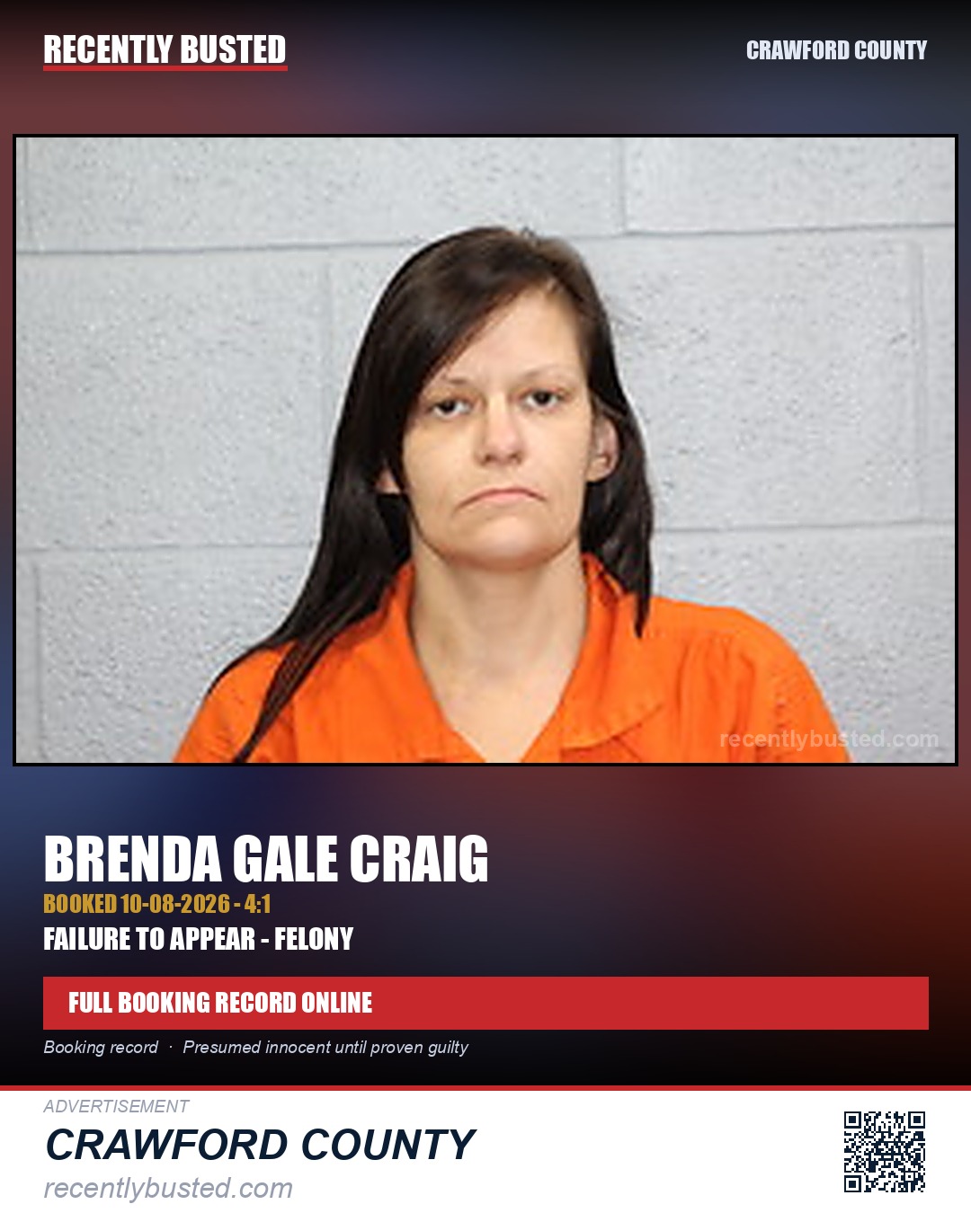 Craig, Brenda Gale — arrest record card, Crawford County