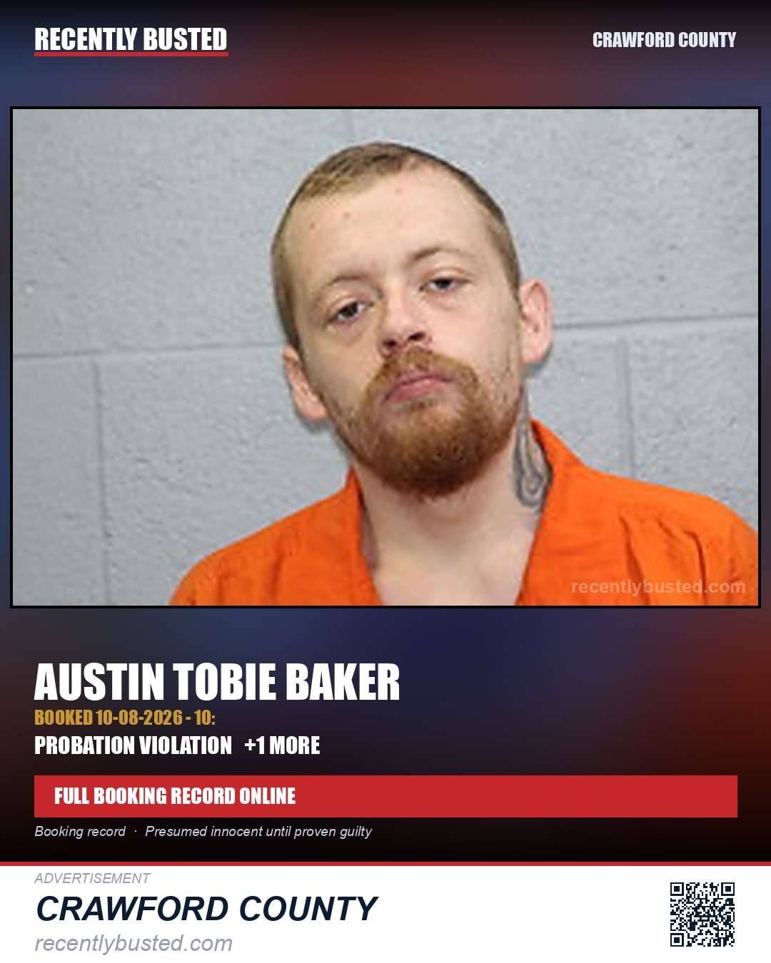 Baker, Austin Tobie — arrest record card, Crawford County