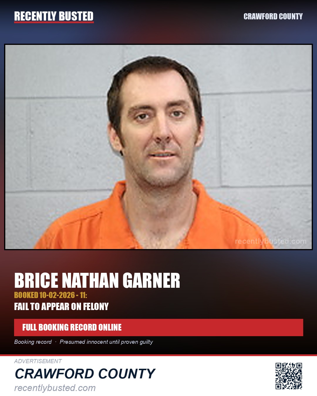 Garner, Brice Nathan — arrest record card, Crawford County