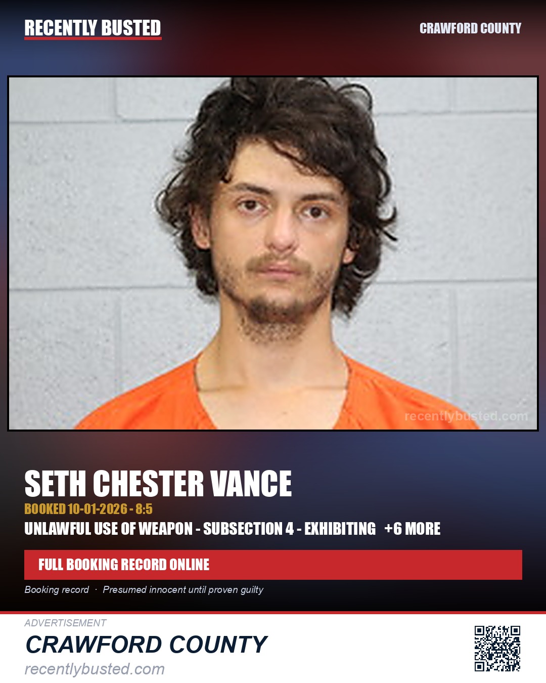 Vance, Seth Chester — arrest record card, Crawford County