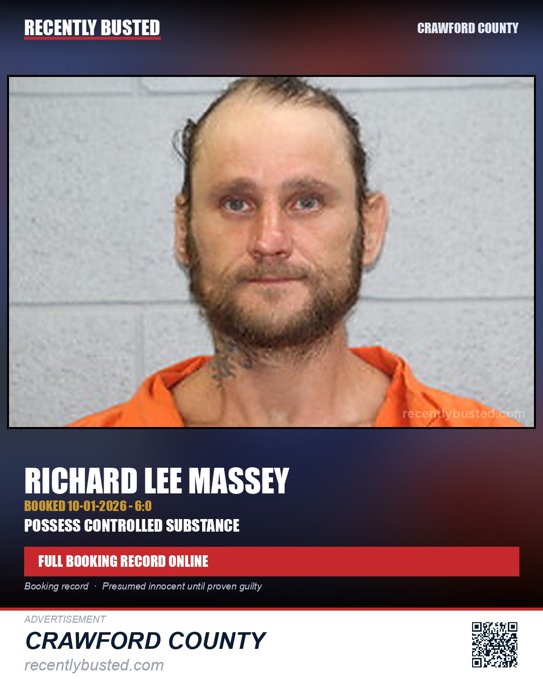 Massey, Richard Lee — arrest record card, Crawford County