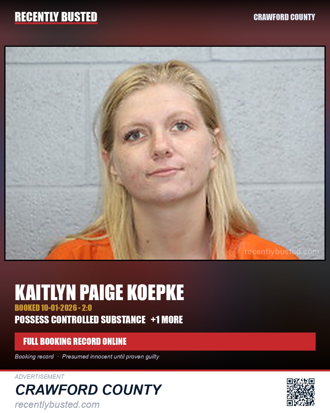 Koepke, Kaitlyn Paige — arrest record card, Crawford County