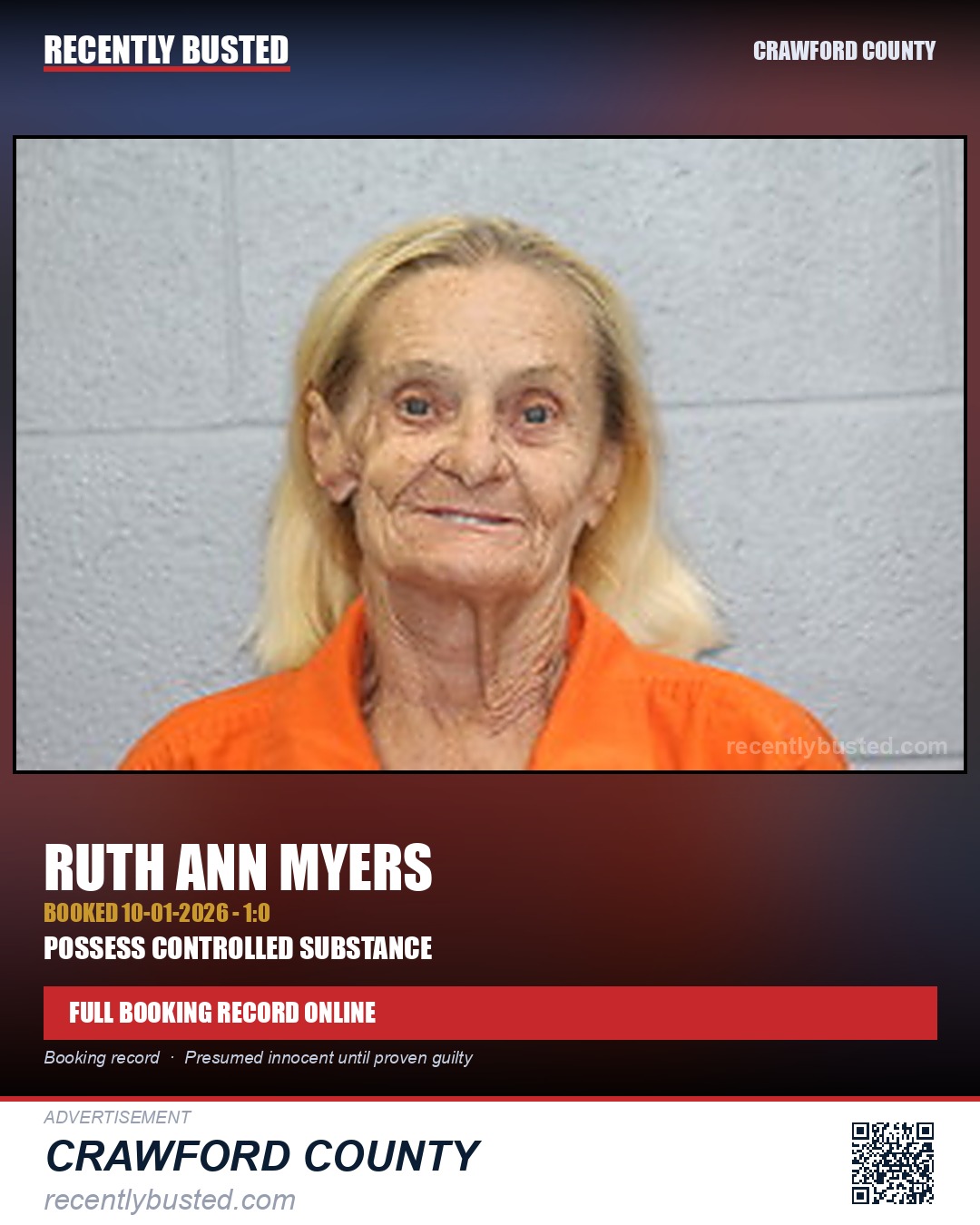 Myers, Ruth Ann — arrest record card, Crawford County