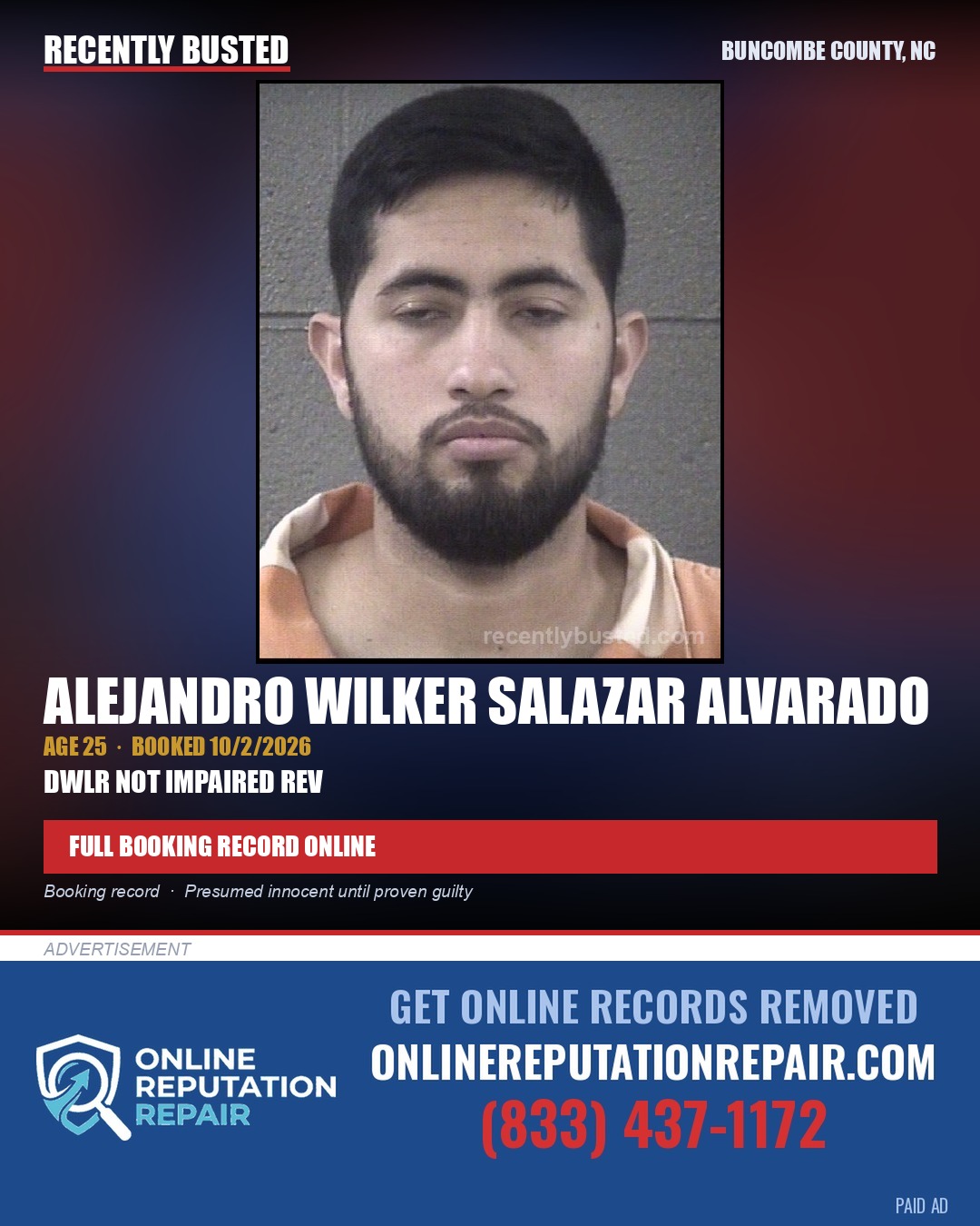 ALEJANDRO WILKER SALAZAR ALVARADO — arrest record card, Buncombe County, North Carolina