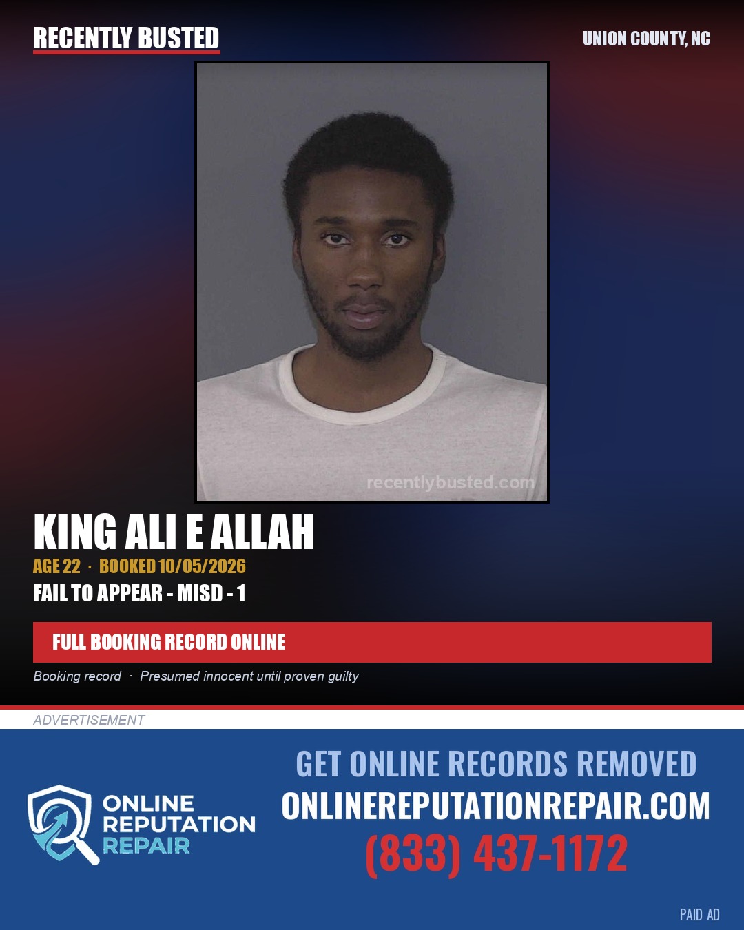 ALLAH, KING ALI E — arrest record card, Union County, North Carolina
