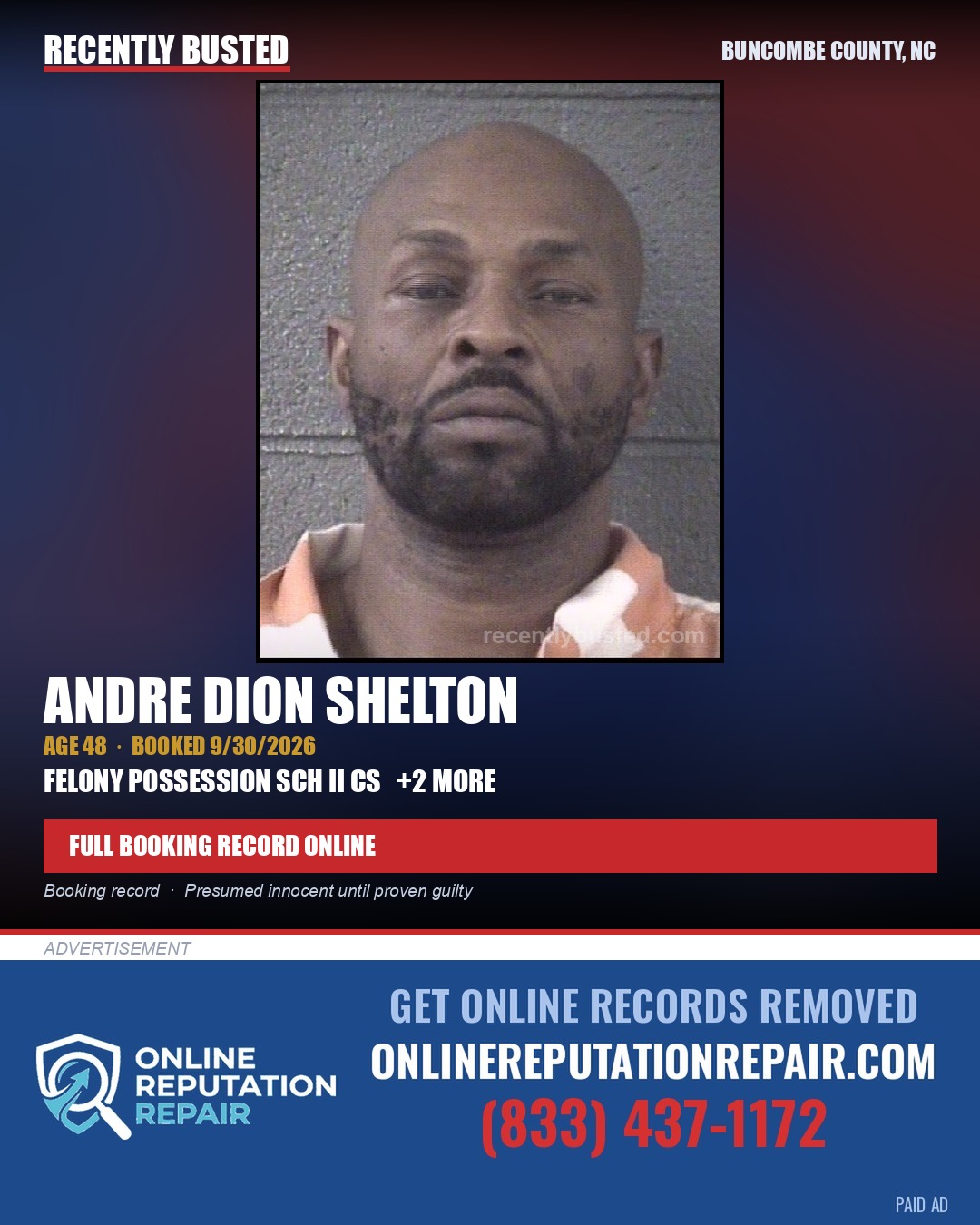 ANDRE DION SHELTON — arrest record card, Buncombe County, North Carolina