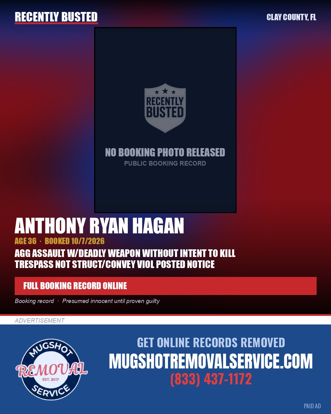 ANTHONY RYAN HAGAN — arrest record card, Clay County, Florida