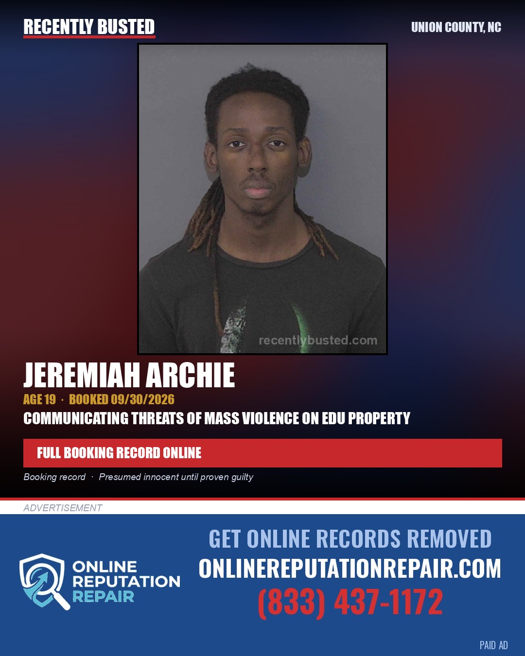 ARCHIE, JEREMIAH — arrest record card, Union County, North Carolina