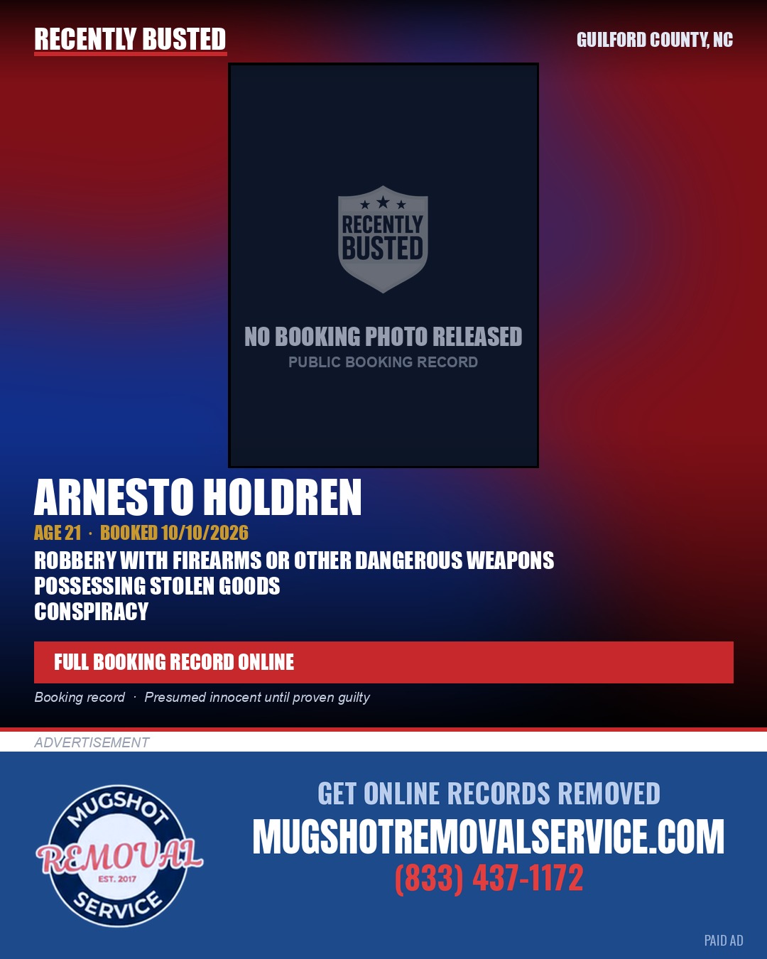 ARNESTO HOLDREN — arrest record card, Guilford County, North Carolina
