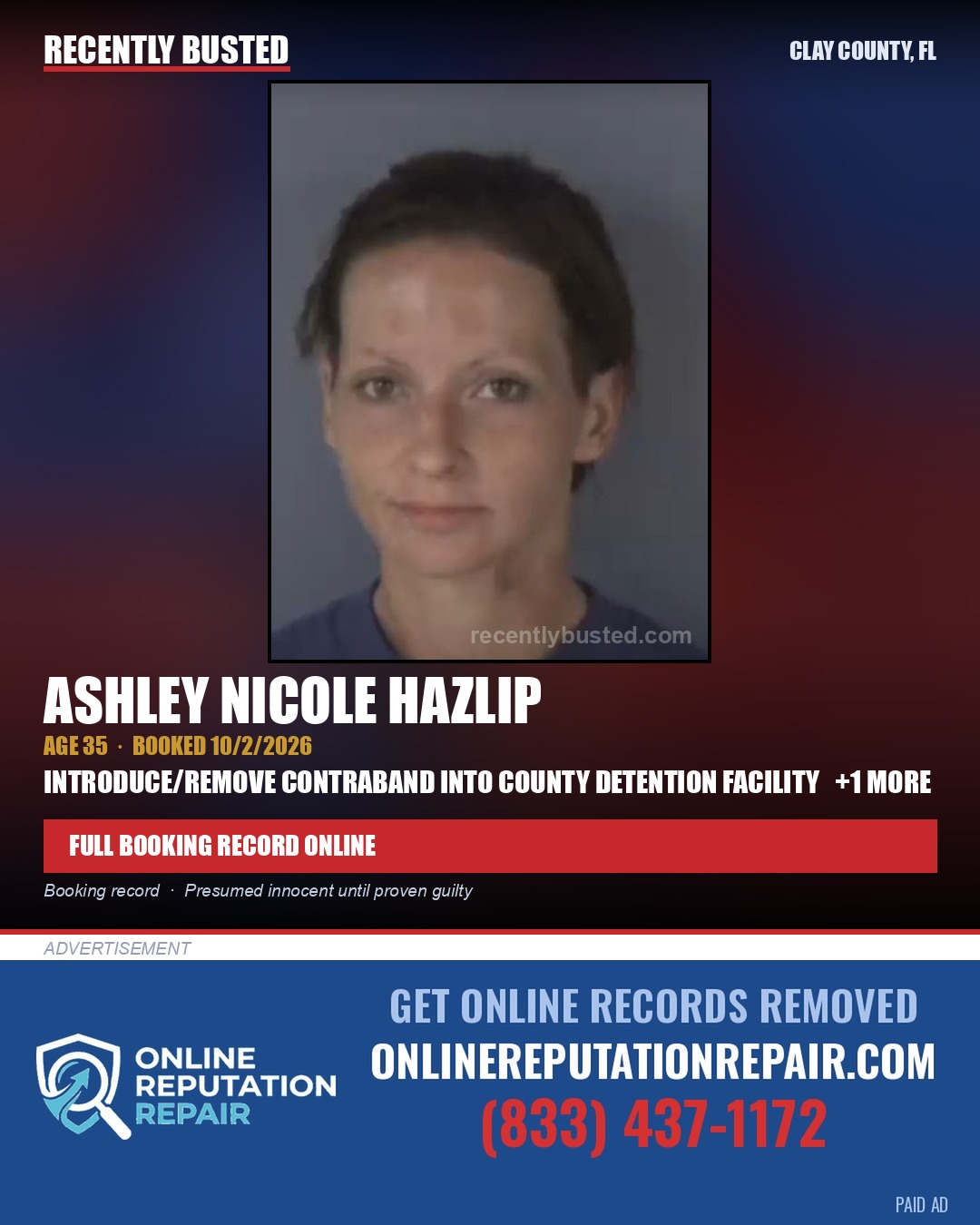 ASHLEY NICOLE HAZLIP — arrest record card, Clay County, Florida