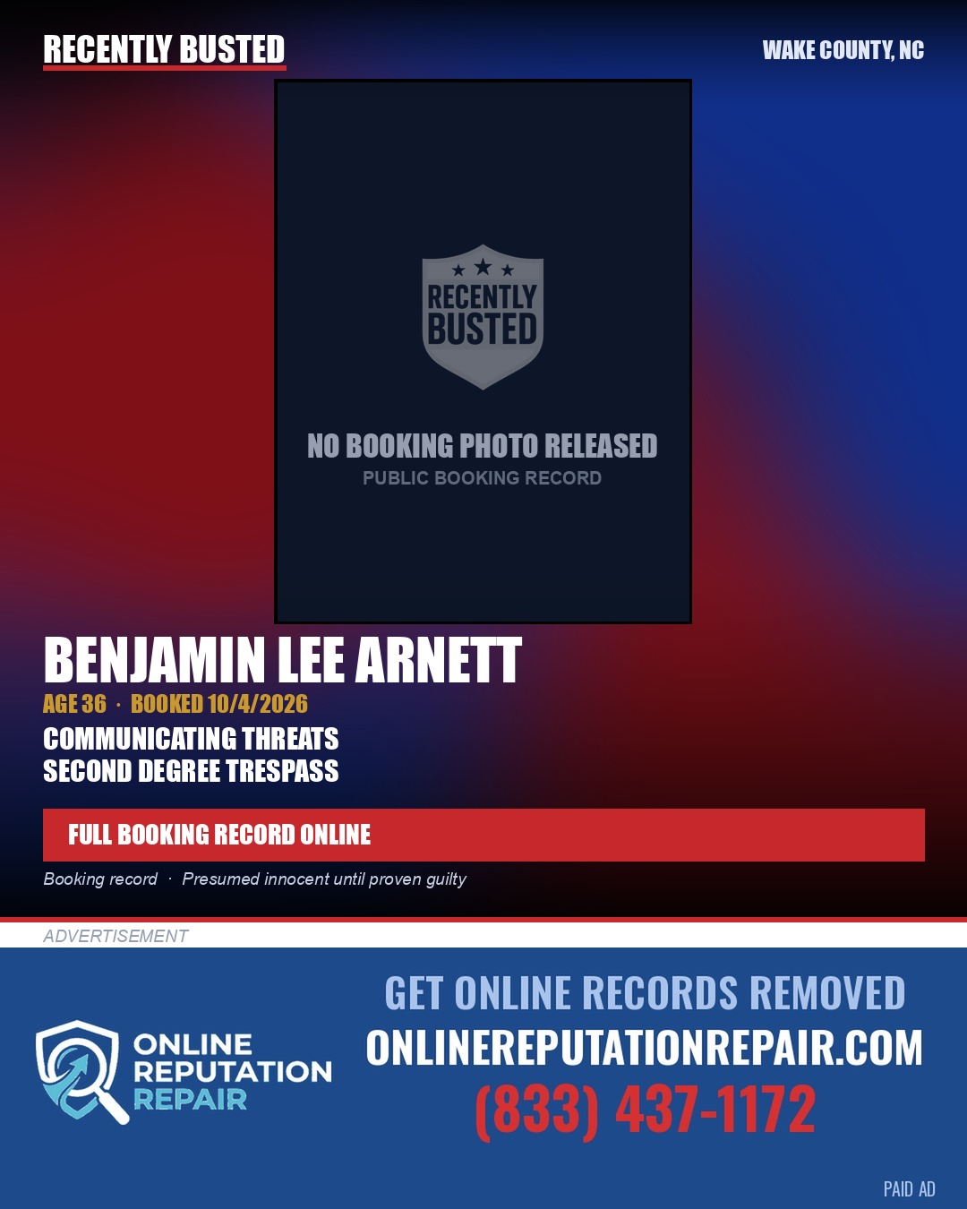 BENJAMIN LEE ARNETT — arrest record card, Wake County, North Carolina