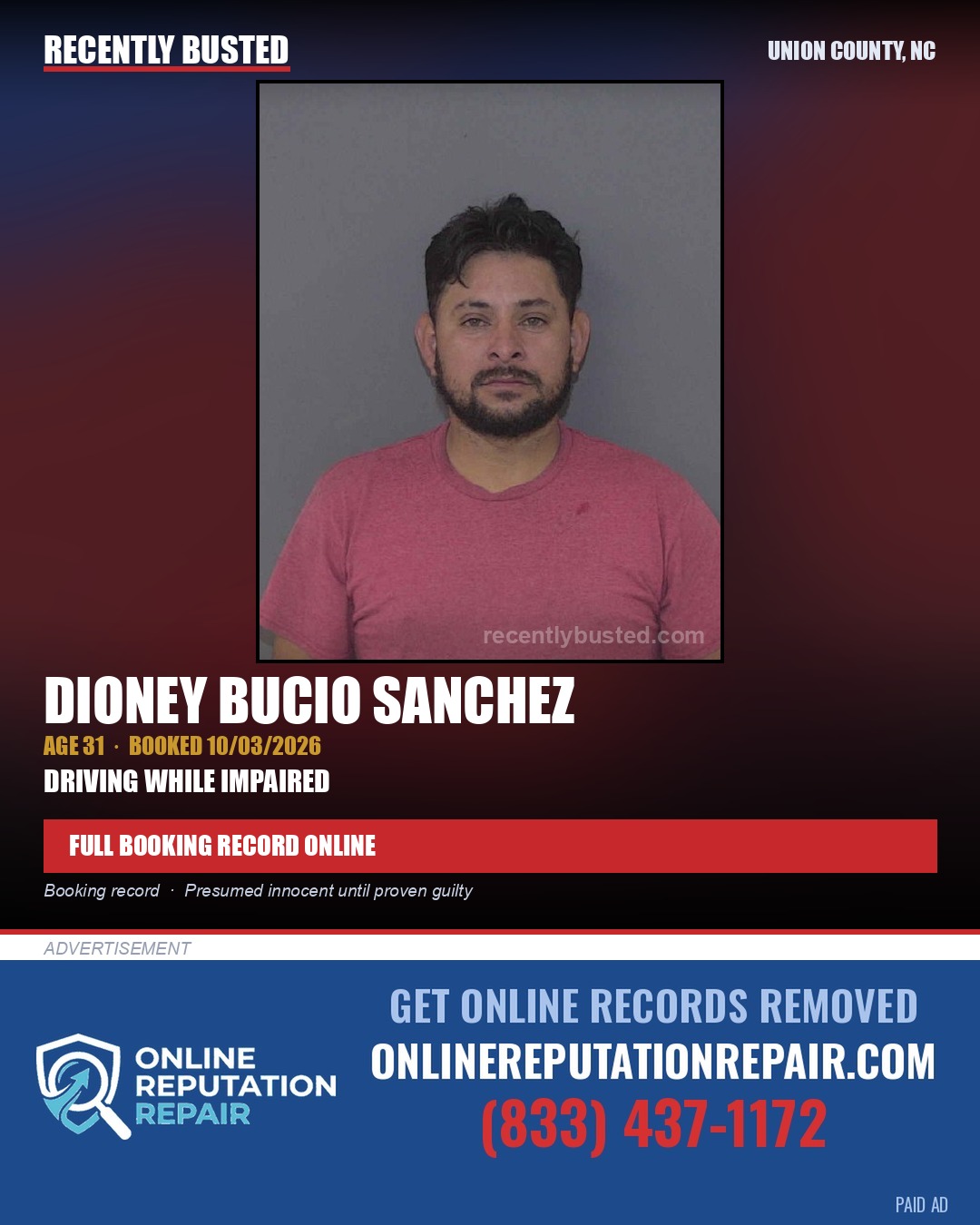 BUCIO SANCHEZ, DIONEY — arrest record card, Union County, North Carolina