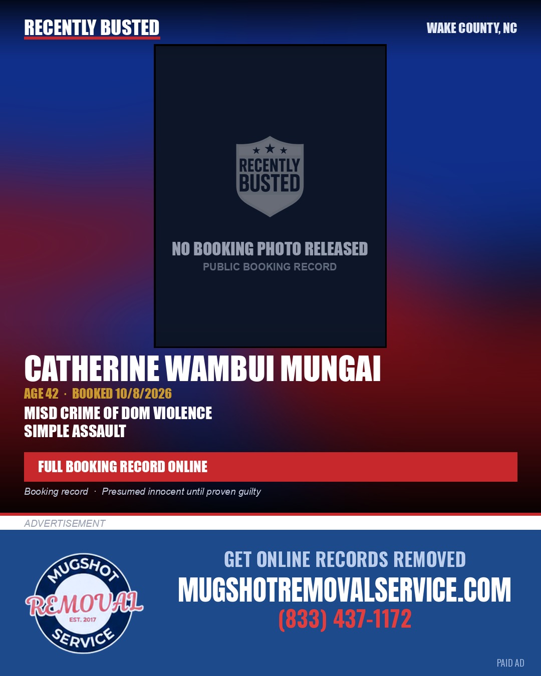 CATHERINE WAMBUI MUNGAI — arrest record card, Wake County, North Carolina