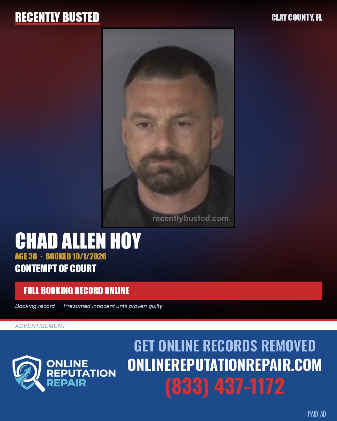 CHAD ALLEN HOY — arrest record card, Clay County, Florida