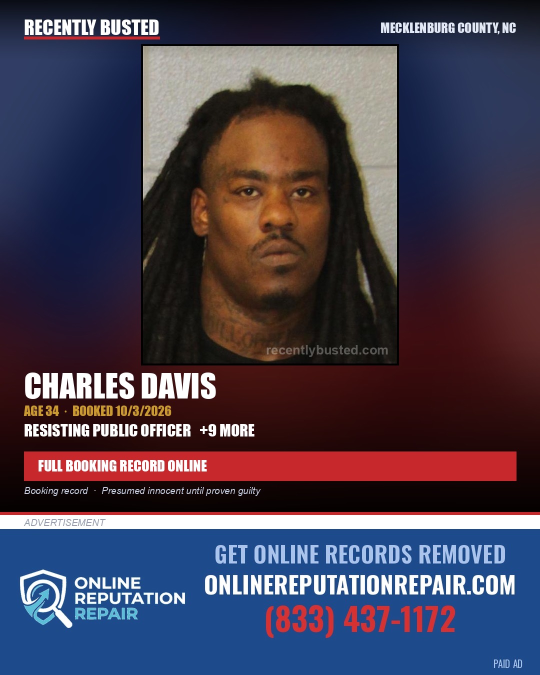 CHARLES DAVIS — arrest record card, Mecklenburg County, North Carolina
