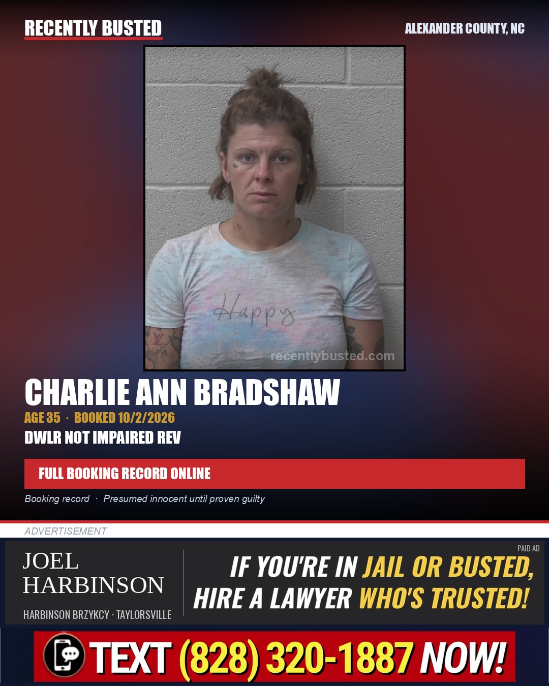 CHARLIE ANN BRADSHAW — arrest record card, Alexander County, North Carolina