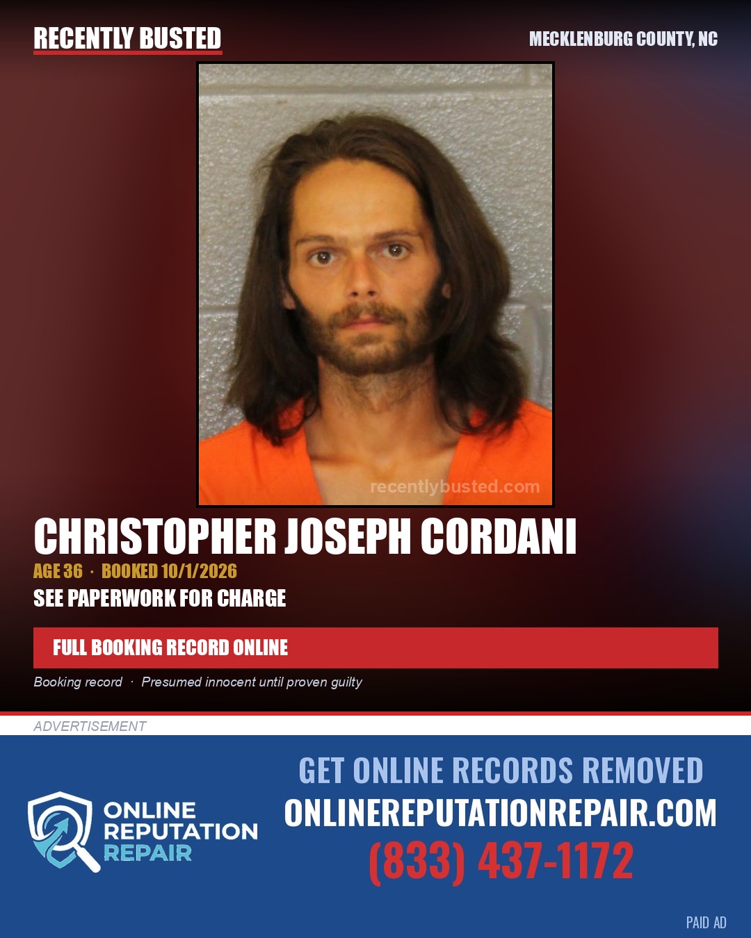 CHRISTOPHER JOSEPH CORDANI — arrest record card, Mecklenburg County, North Carolina