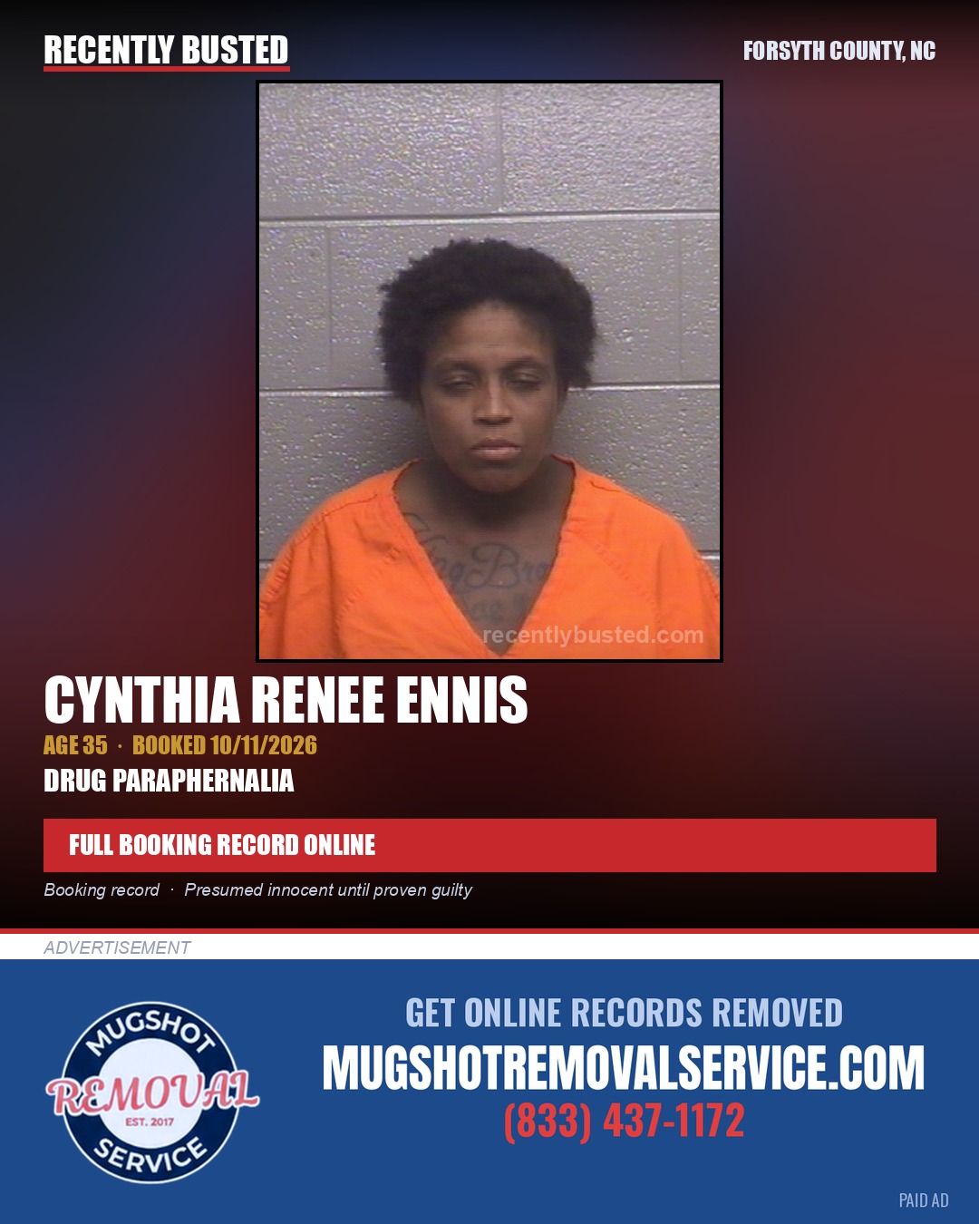 CYNTHIA RENEE ENNIS — arrest record card, Forsyth County, North Carolina