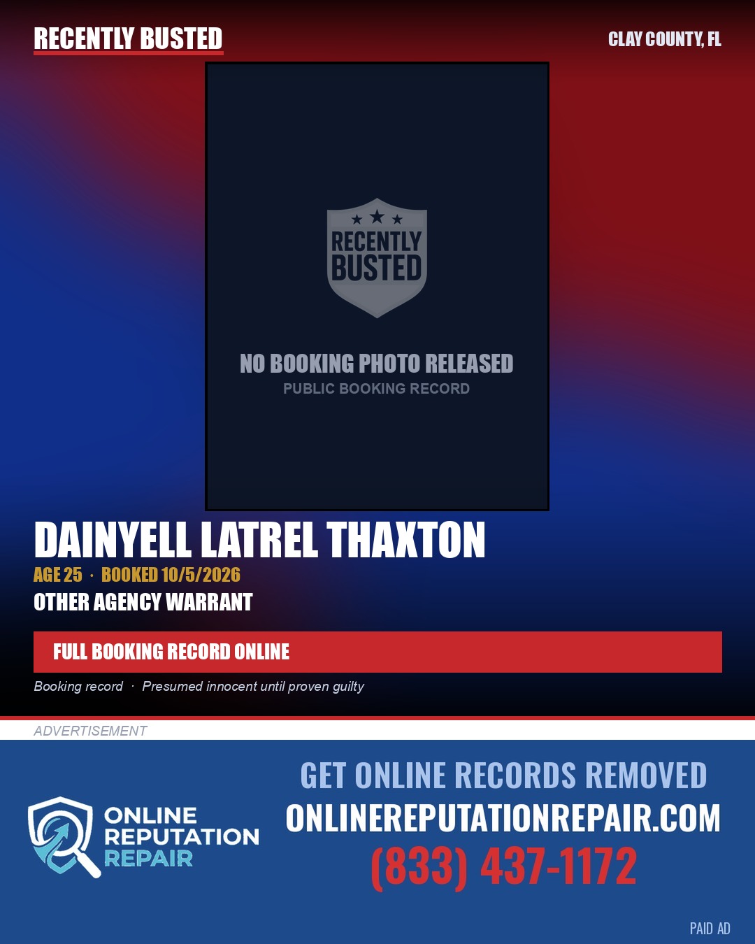 DAINYELL LATREL THAXTON — arrest record card, Clay County, Florida
