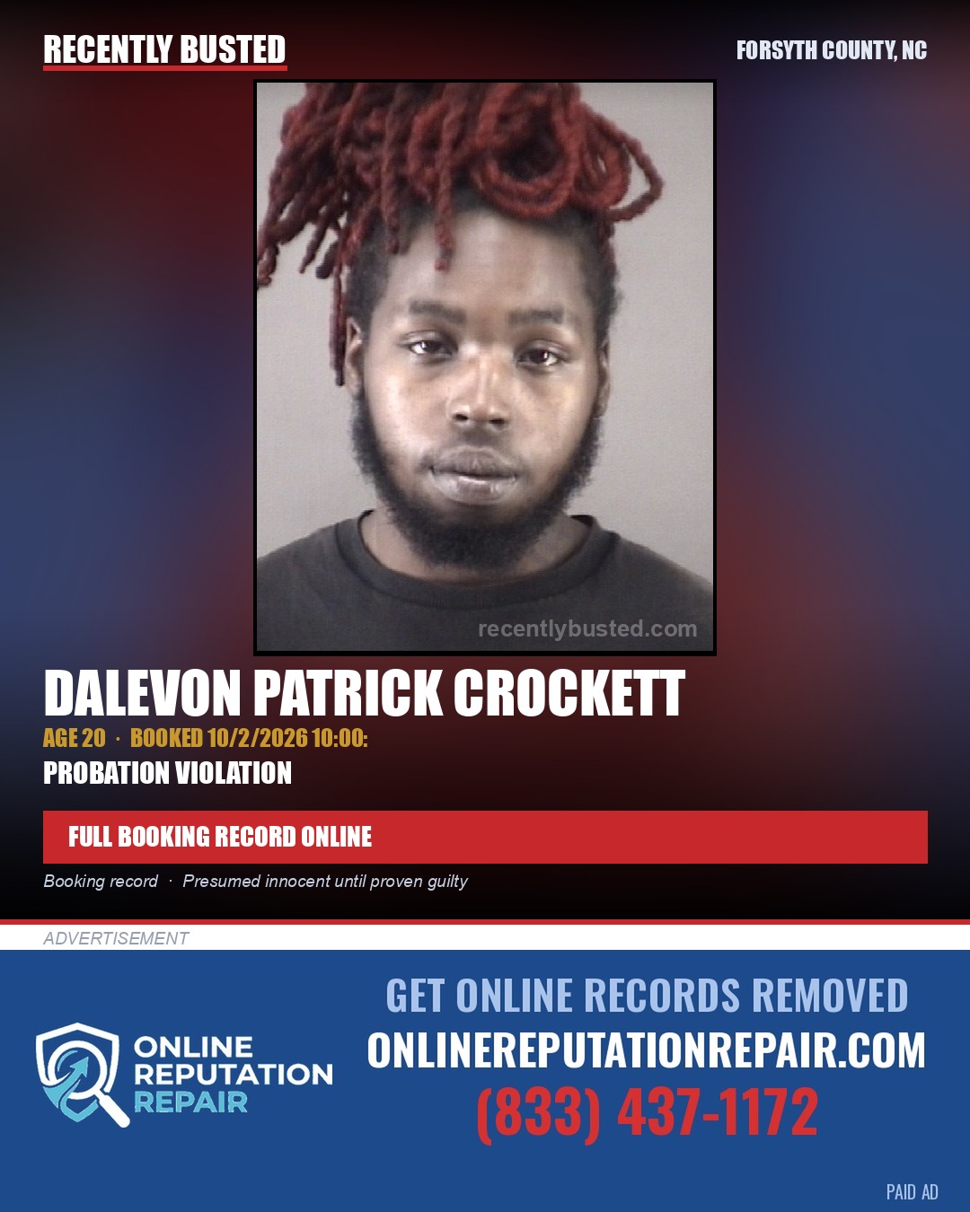 DALEVON PATRICK CROCKETT — arrest record card, Forsyth County, North Carolina