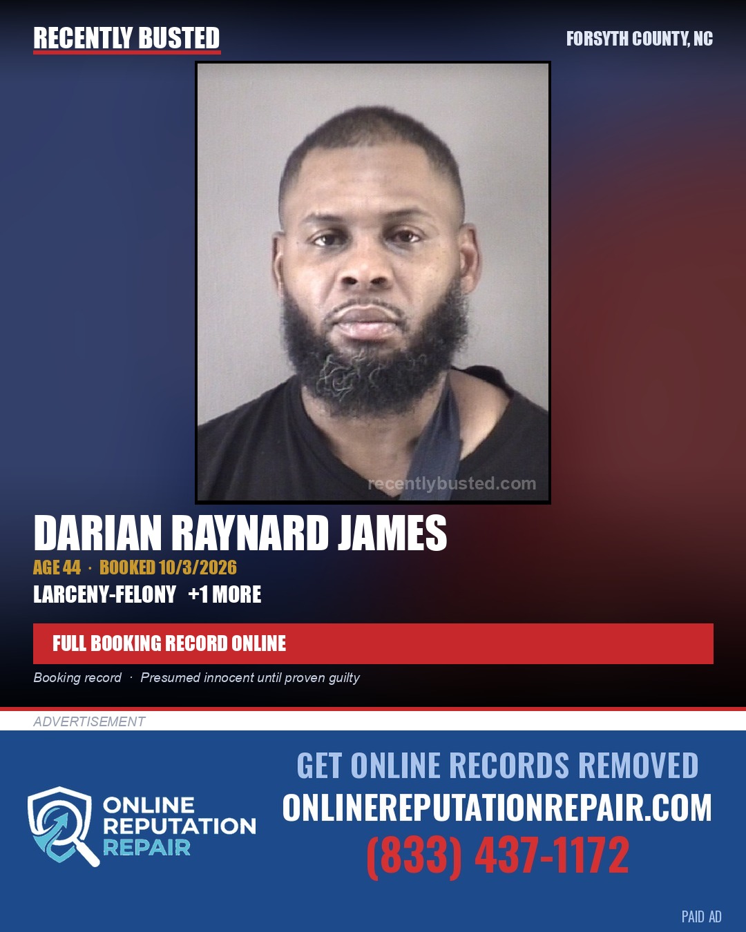 DARIAN RAYNARD JAMES — arrest record card, Forsyth County, North Carolina