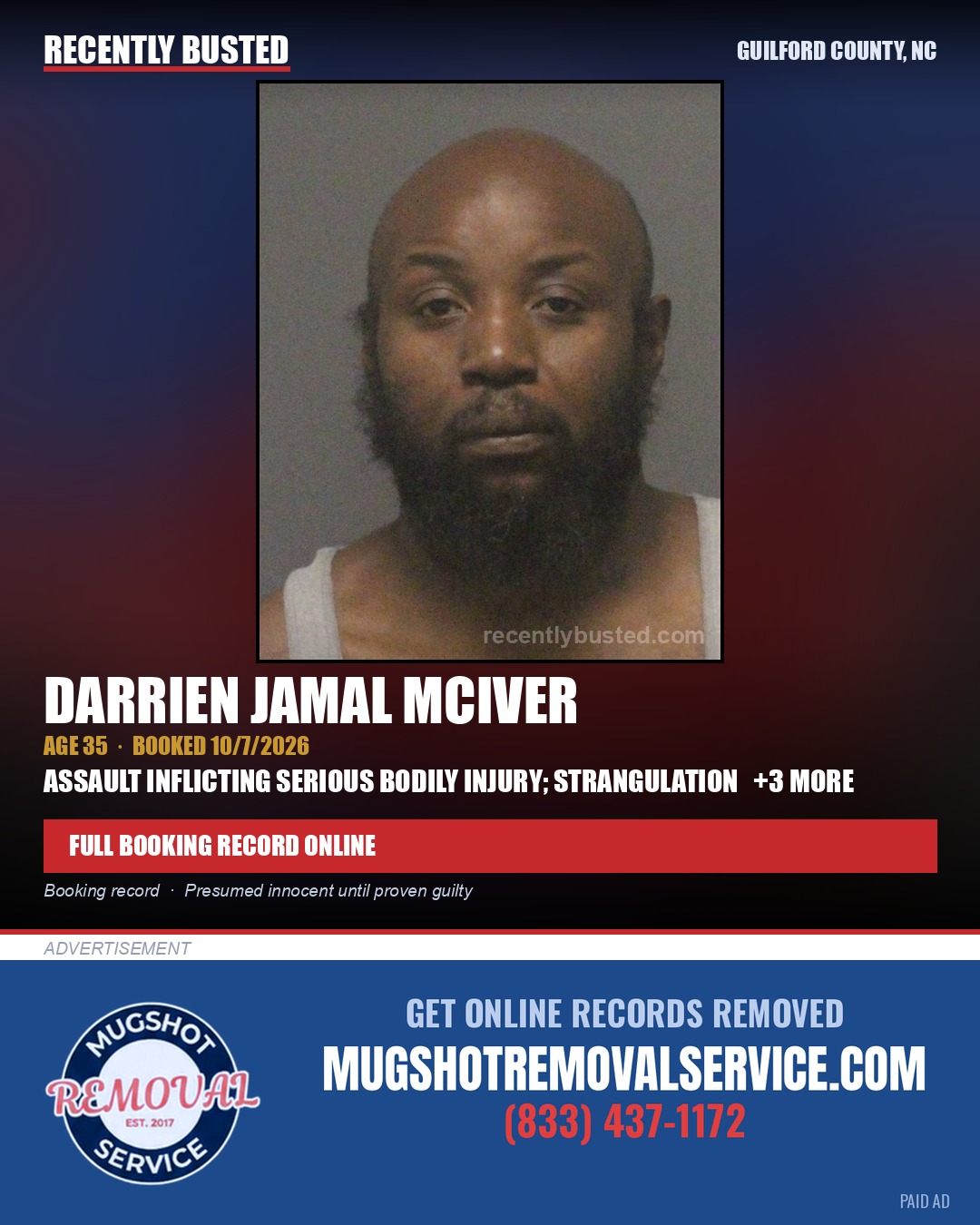 DARRIEN JAMAL MCIVER — arrest record card, Guilford County, North Carolina