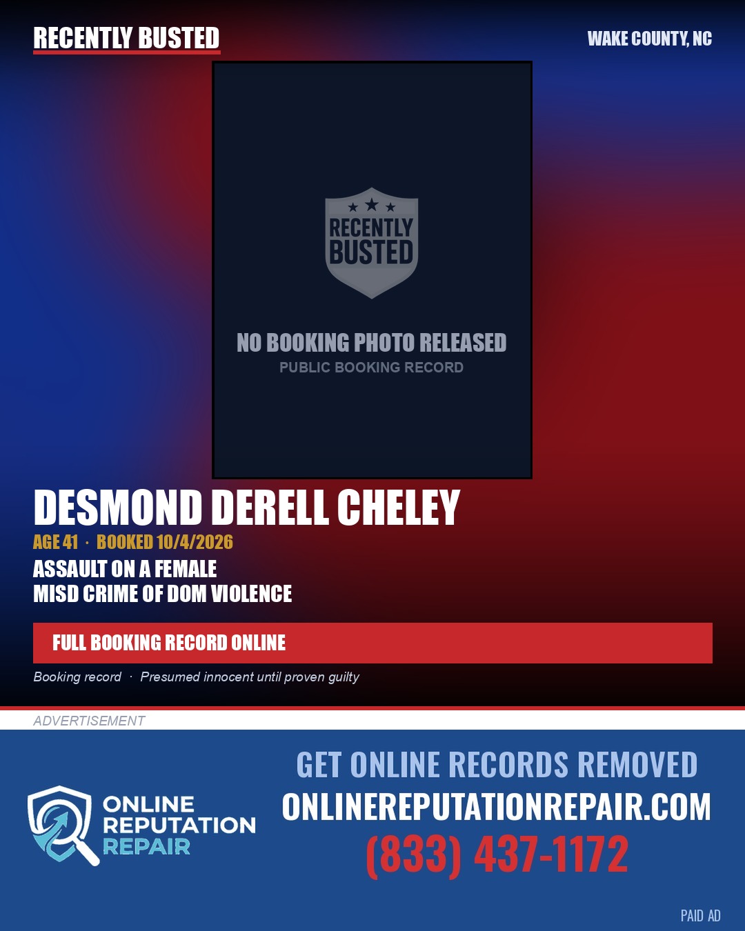 DESMOND DERELL CHELEY — arrest record card, Wake County, North Carolina