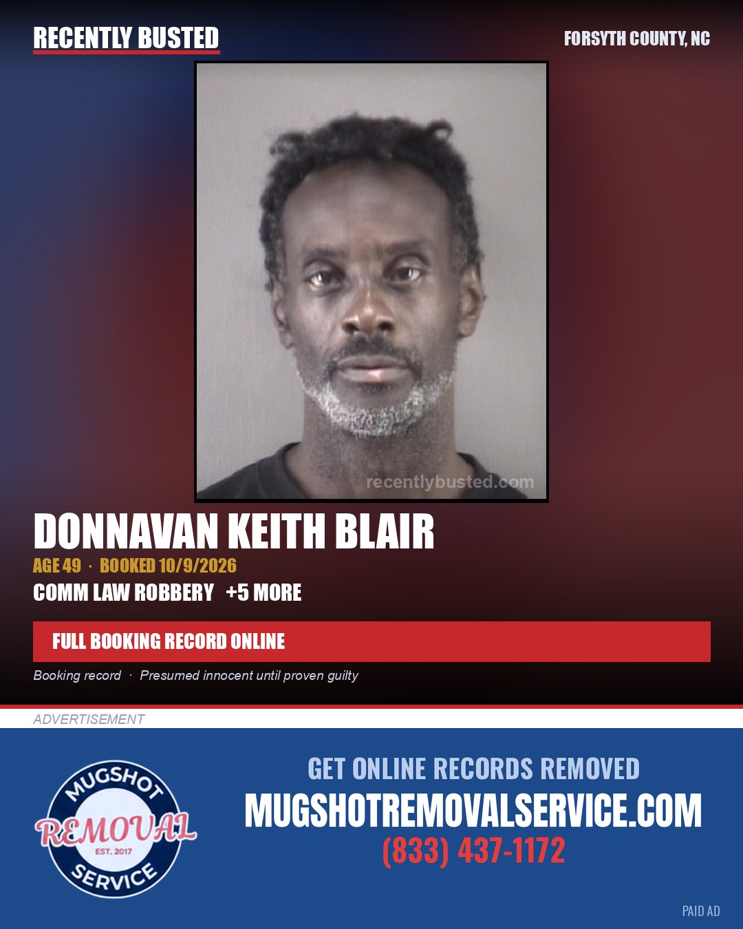 DONNAVAN KEITH BLAIR — arrest record card, Forsyth County, North Carolina
