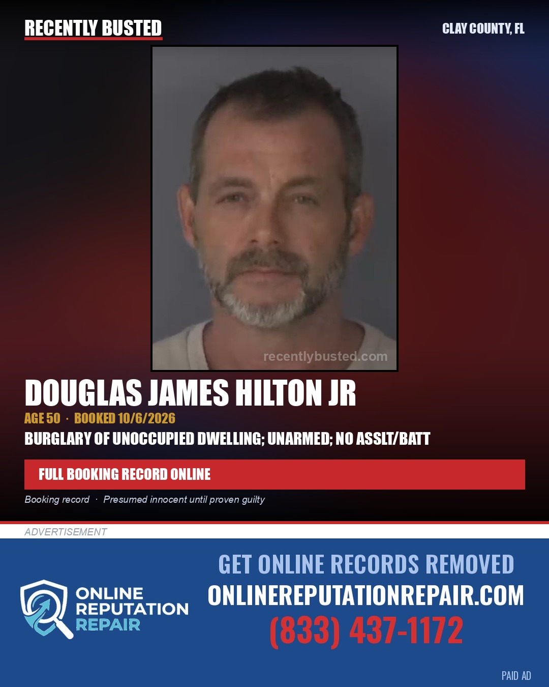 DOUGLAS JAMES HILTON JR — arrest record card, Clay County, Florida