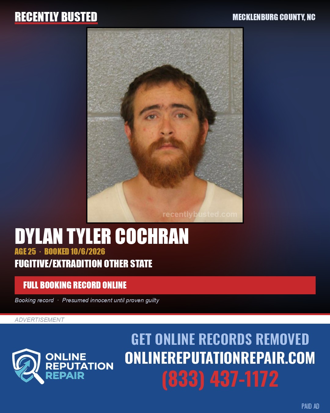 DYLAN TYLER COCHRAN — arrest record card, Mecklenburg County, North Carolina
