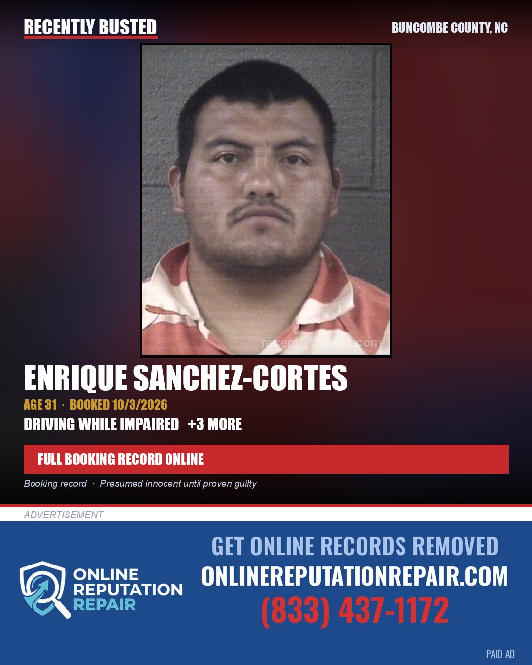 ENRIQUE SANCHEZ-CORTES — arrest record card, Buncombe County, North Carolina