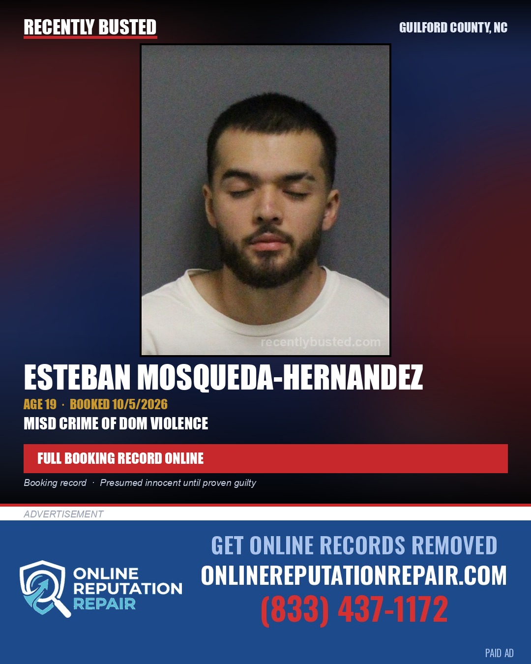 ESTEBAN MOSQUEDA-HERNANDEZ — arrest record card, Guilford County, North Carolina