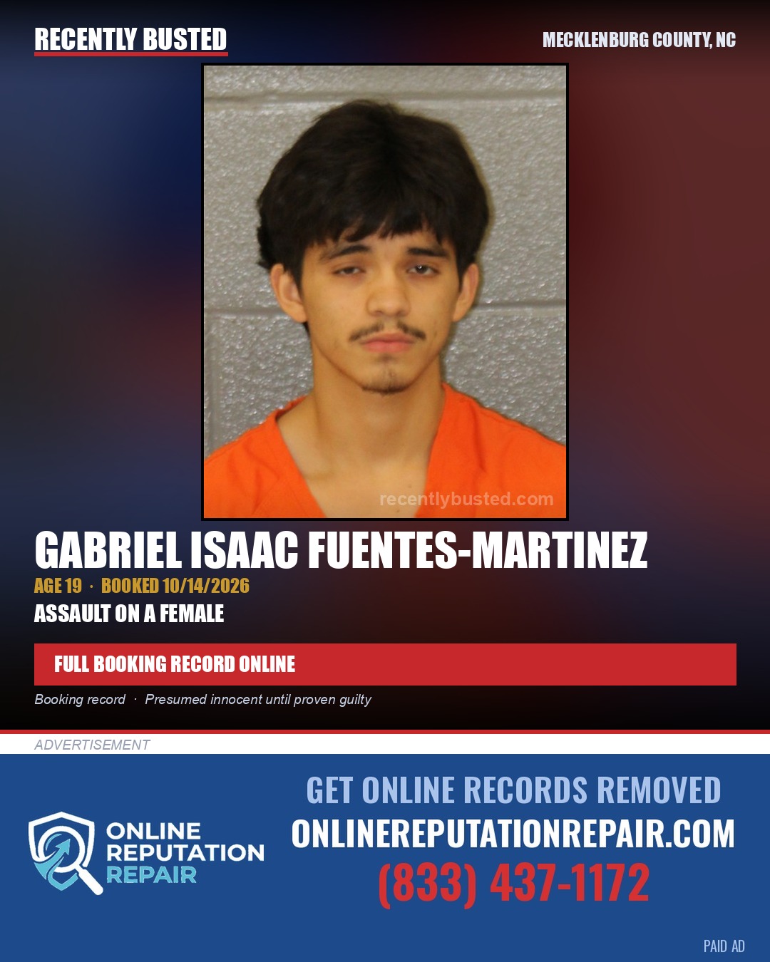 GABRIEL ISAAC FUENTES-MARTINEZ — arrest record card, Mecklenburg County, North Carolina