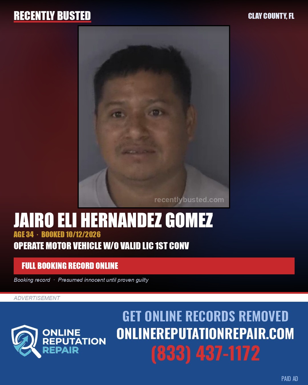 JAIRO ELI HERNANDEZ GOMEZ — arrest record card, Clay County, Florida