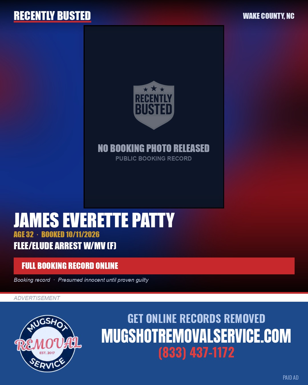 JAMES EVERETTE PATTY — arrest record card, Wake County, North Carolina