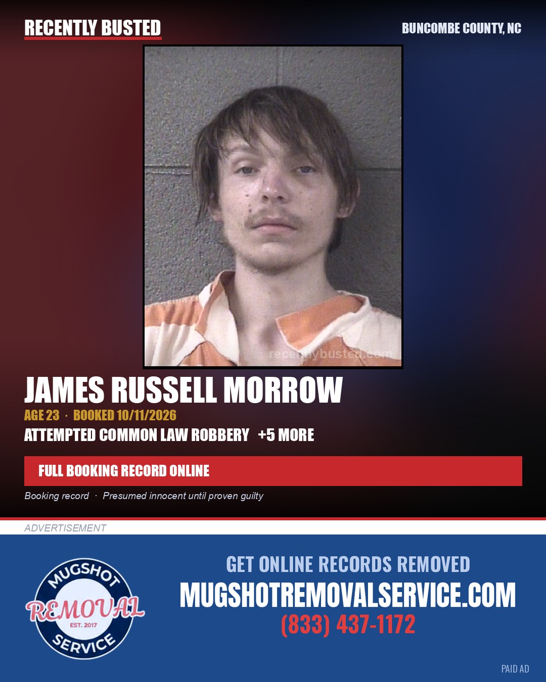 JAMES RUSSELL MORROW — arrest record card, Buncombe County, North Carolina