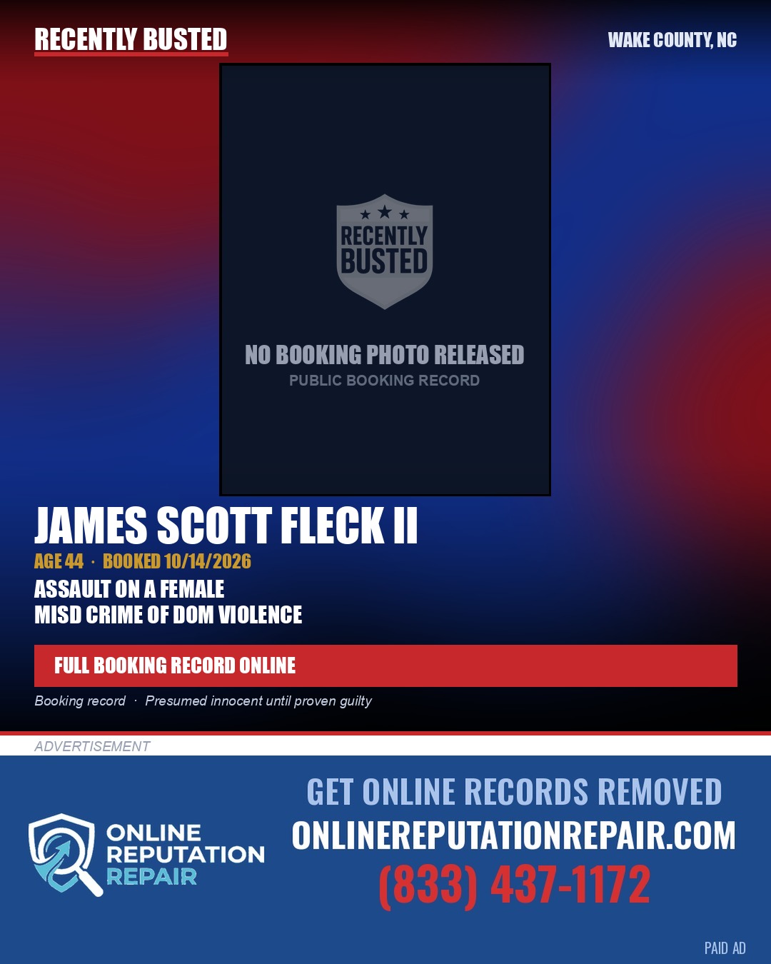 JAMES SCOTT FLECK II — arrest record card, Wake County, North Carolina